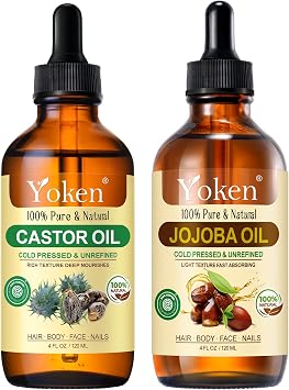 Yoken Jojoba Oil 4oz & Castor Oil 4oz Set in Glass Dropper Bottle, 100% Pure & Natural, EWG Verified Organic, Cold Pressed, Hexane Free - Best Carrier Oil Hair Oil Facial Oils, Deeply Nourishing