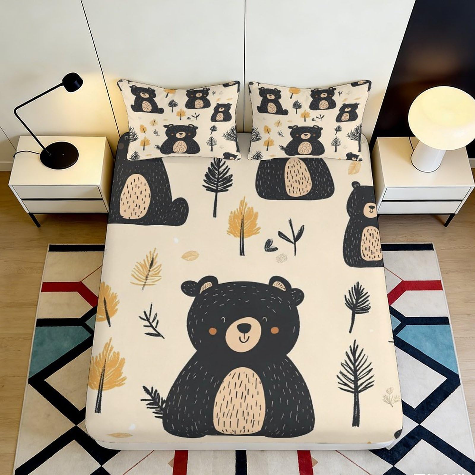 3D Printed Bear Pattern Fitted Sheet Microfiber Soft Breathable Forest Design Mattress Cover for Bedroom Dormitory Guest Room Protection Decor 180x200x25cm