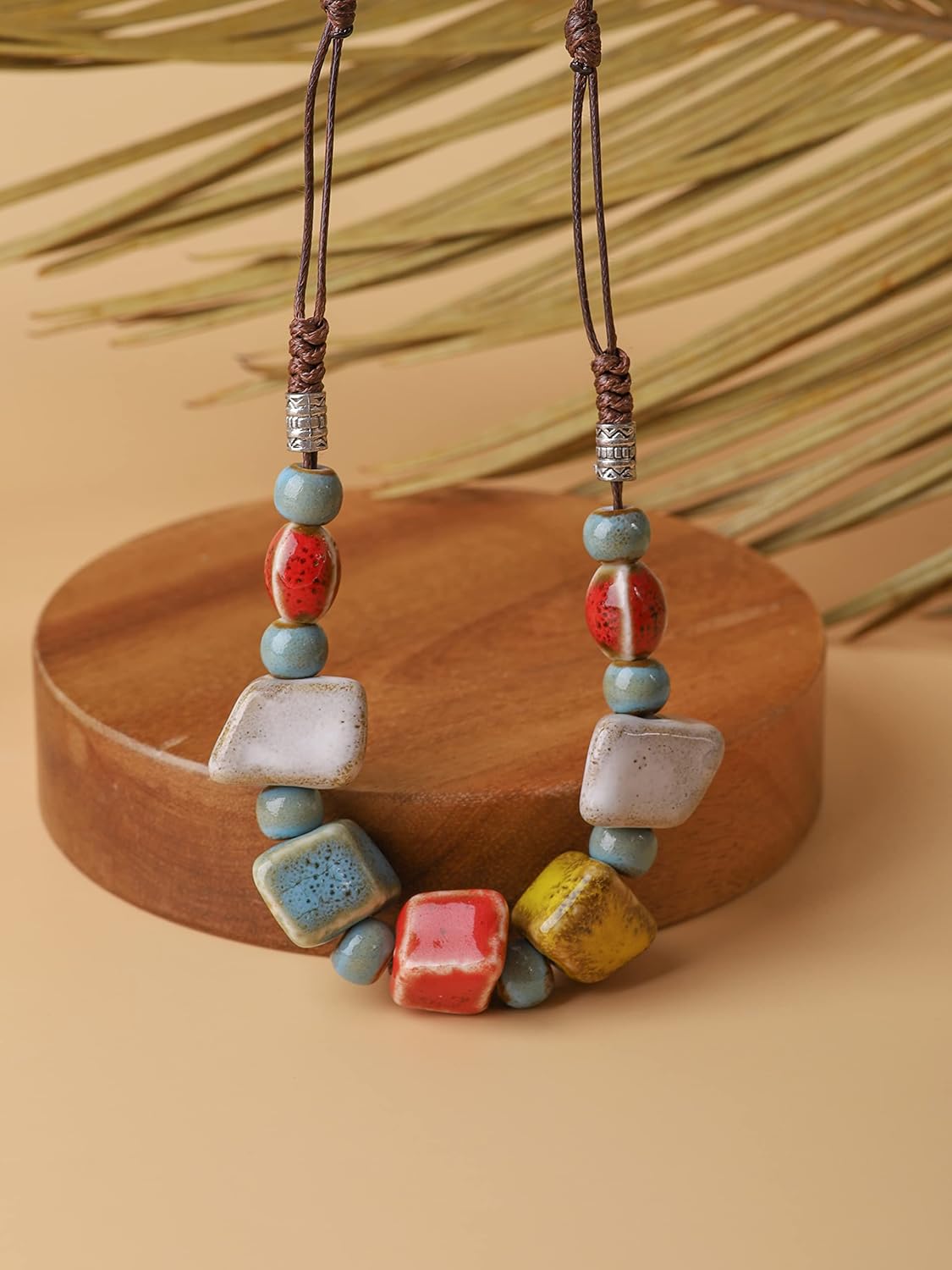 MINACHI Bohemian Hippie Colorful Ceramic Geometric Bead Strand Necklace, Vintage Boho Statement Jewelry Gift for Women - Image 3