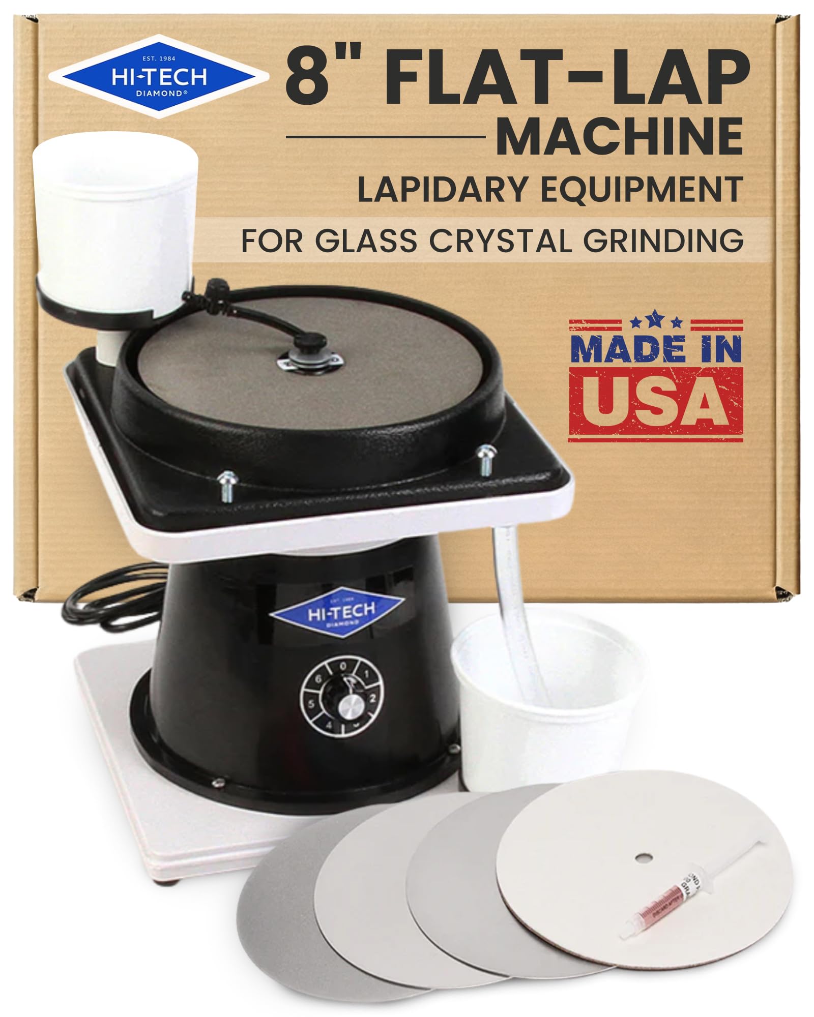 Hi-Tech Diamond 8" All-U-Need - Lapidary Equipment Glass Crystal Grinding Flat Lap Machine, Glass Grinder Tool & Polisher w/ Variable Speed Motor,