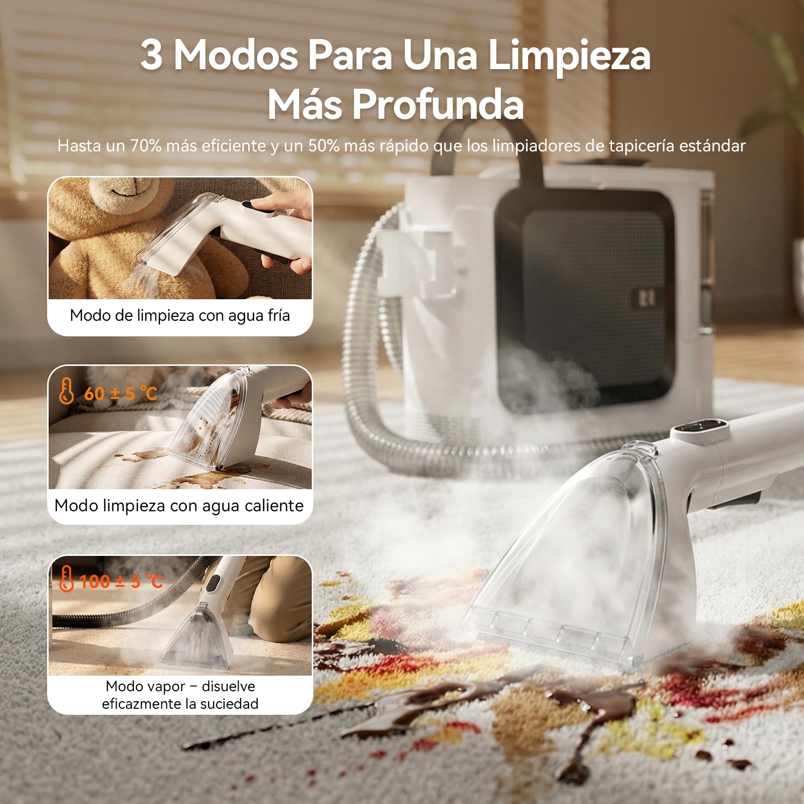 Redkey C2 Aspiradora de Agua Tapicería Lava y Aspira con Vapor, 1800W 26000Pa Aspirador de Alfombras, Limpiador de Tapicerías Vapor 4 en 1 para Ventanas, Coche, 7 Accesorios y Solución de Limpieza