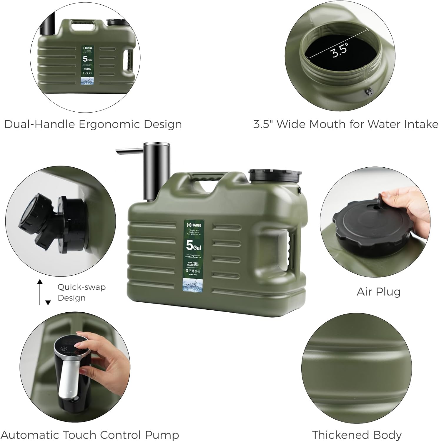 HAIGE 5 Gallon Water Jug with Automatic Touch Control Pump for Outdoors Camping Hiking