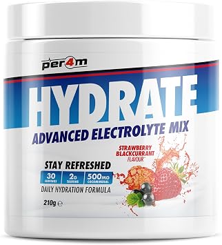 Per4m Hydrate Electrolyte Mix Powder | 500mg Cocomineral to Replenish Essential Electrolytes | Muscle Function, Cardiovascular Health, Neurological Support | 210g Strawberry Blackcurrant