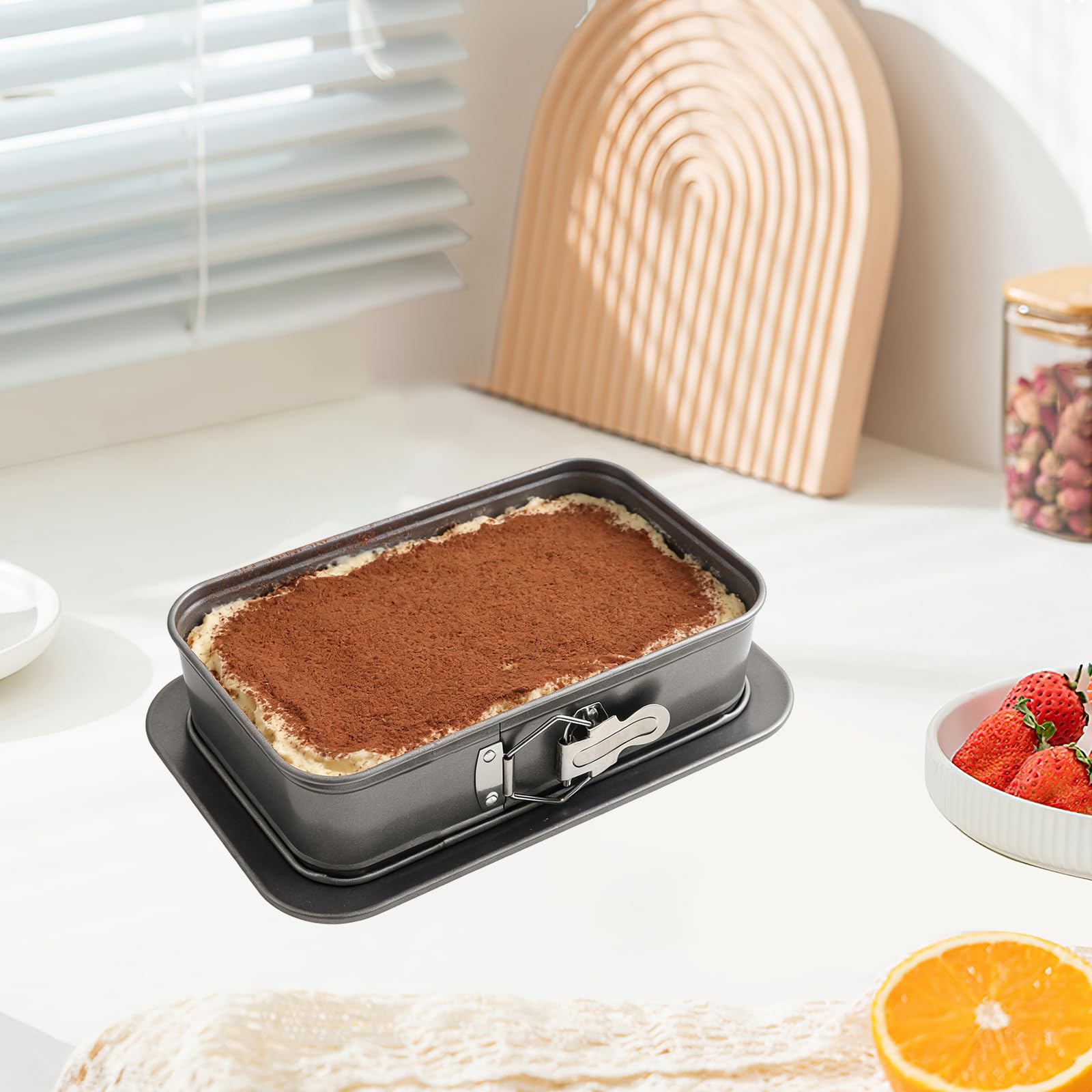 Backform Rechteckig, Springform Eckig Set Antihaft Kuchenform, Kleine Backformen mit Servierboden & 3 Silikon Teigschaber, für Käsekuchen, Tiramisu und Heimbacken