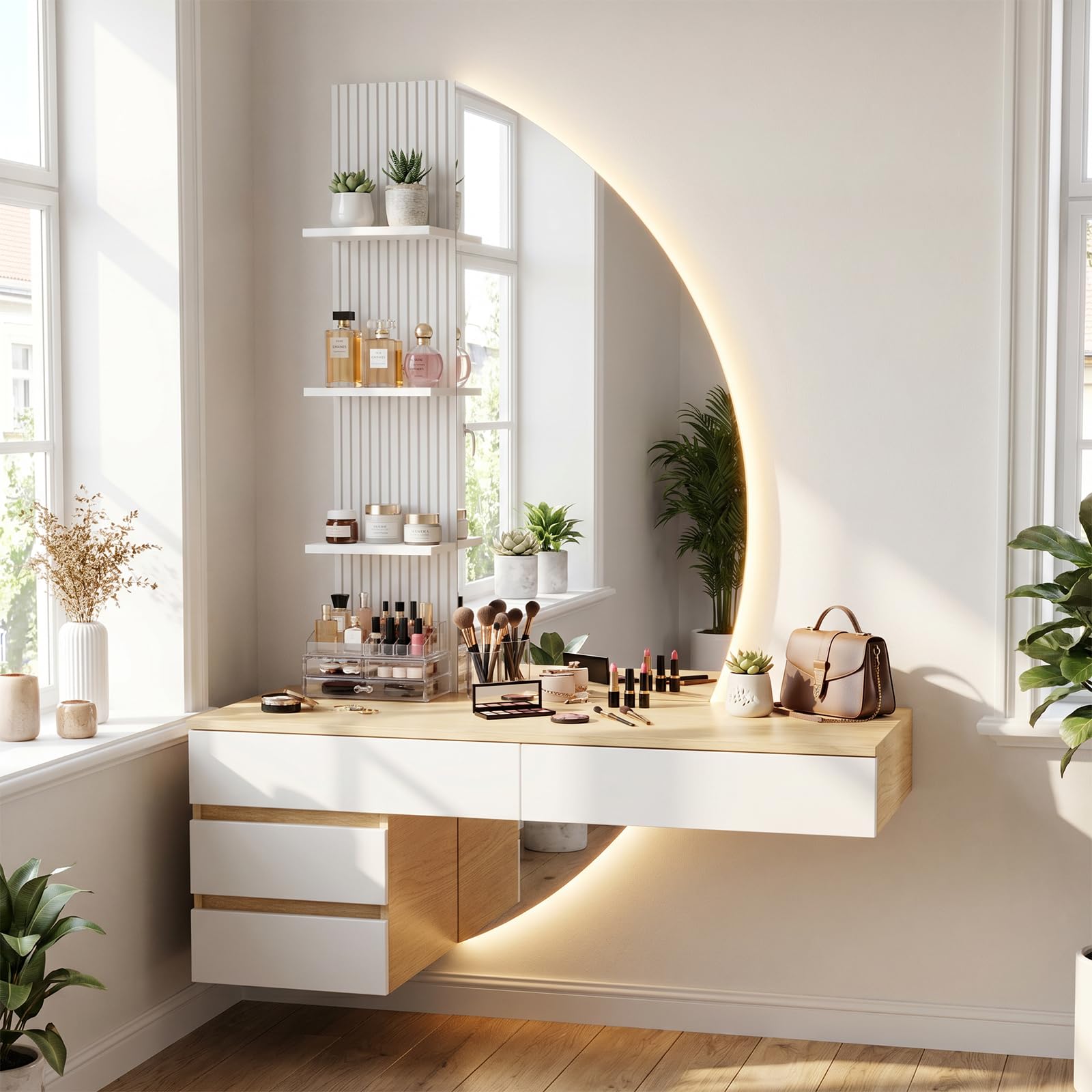 TRIUMPHKEY Tocador de Pared con Espejo en Forma de Media Luna y Luz LED Regulable, Mesa de Maquillaje Flotante con 4 Cajones y 3 Estantes, Tocador Moderno de Ahorro de Espacio para Dormitorio (Blanco)