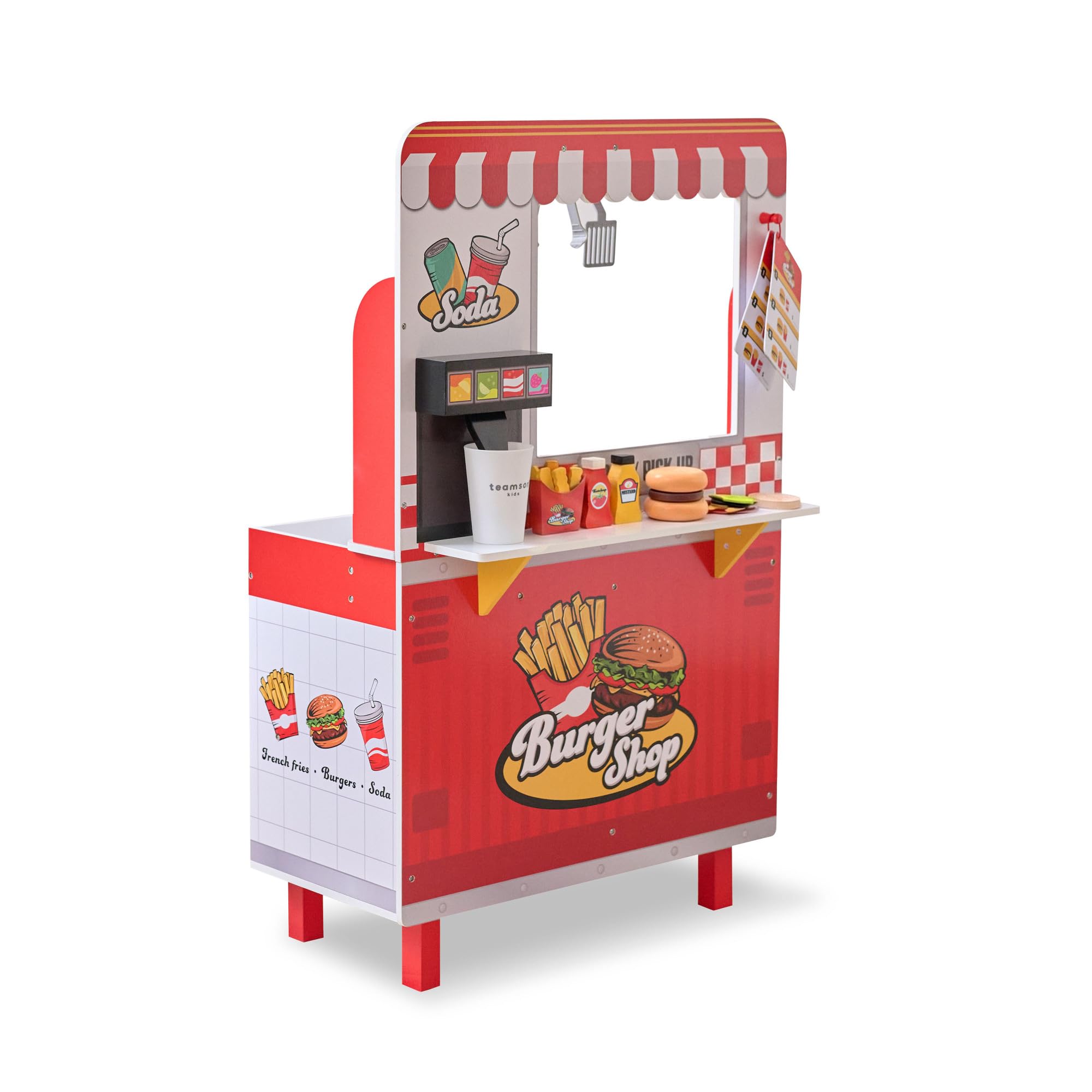 Teamson Kids Red Wooden Flip and Fry Burger Shop Playset - Interactive Role-Play Toy for Kids