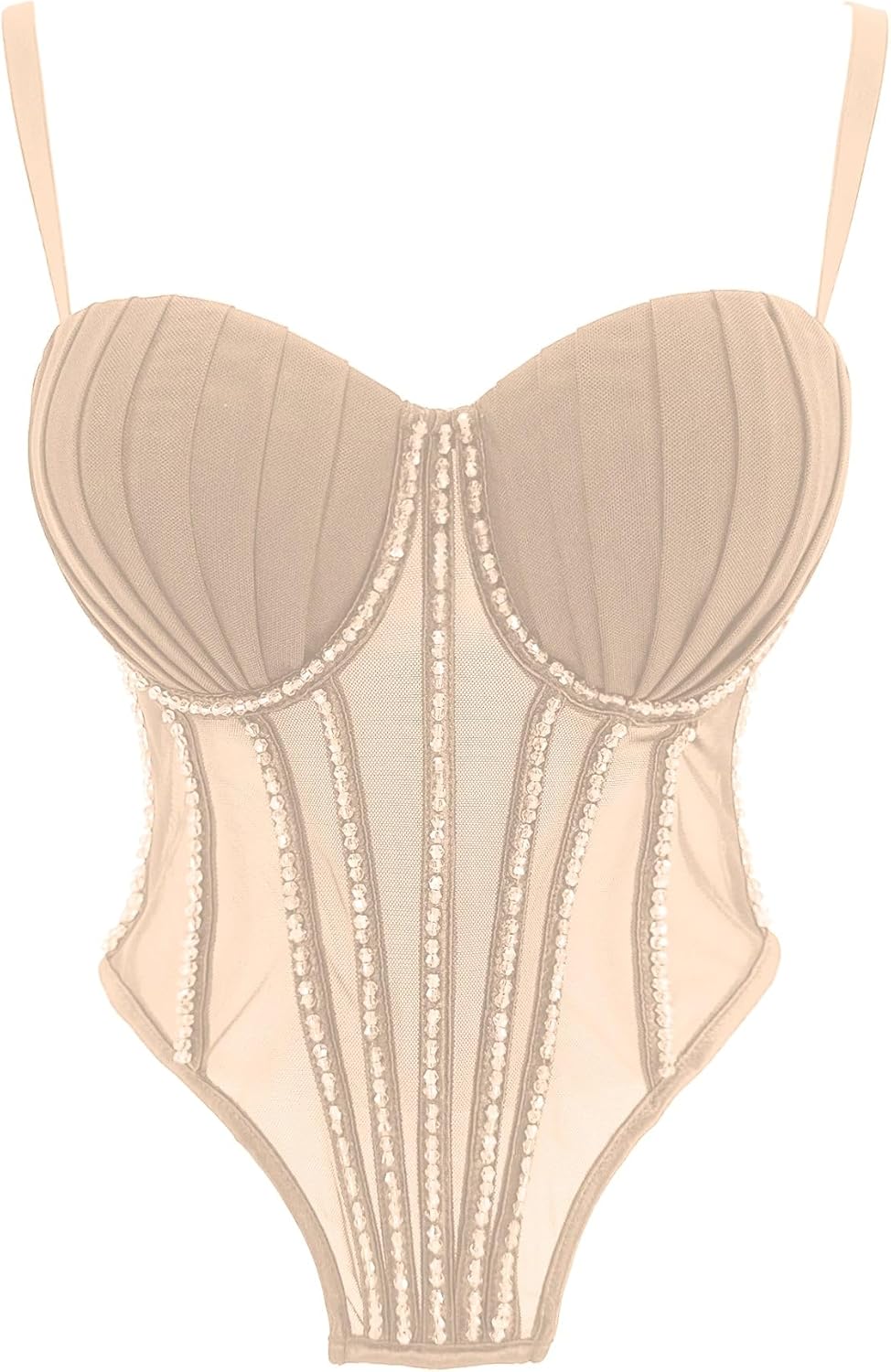 ELLACCI Women Beaded Trim Mesh Corset Bodysuit Pleated Padded Cups Bustier Top Khaki - Image 2