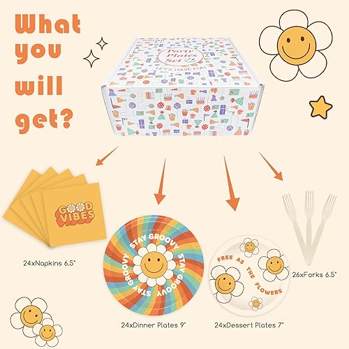 Miniatura 6 de Juego de vajilla de cumpleaños de 98 piezas, diseño de margaritas retro, flores, decoración de fiesta, platos de papel, servilletas, tenedores para