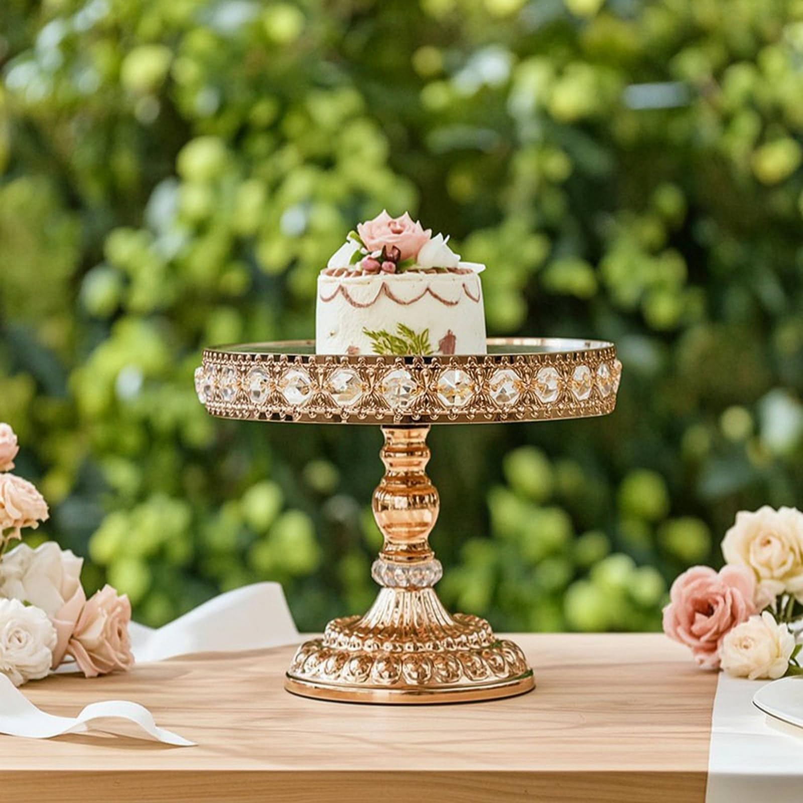 Spiegelnder Kuchenständer Tortenständer Dessertständer Kuchenplatte mit Erhöhter Basis Und Spiegeloberfläche Glitzernder Kristalloptik aus Eisen Und , Gold , Groß