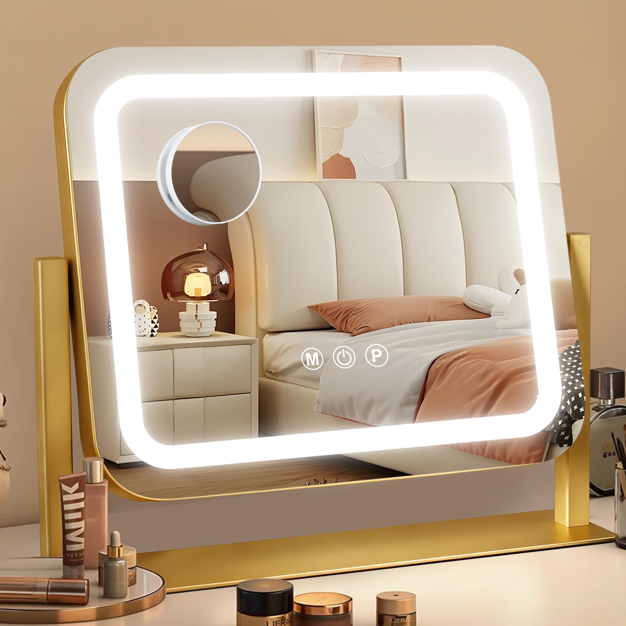 Ratsamee Vanity Mirror with Lights,35 x30 CM Led Makeup Mirror with 3 Color Dimmable Lights, Smart Touch Screen Control, 360°Rotatable,14"×12" Gold — image 1