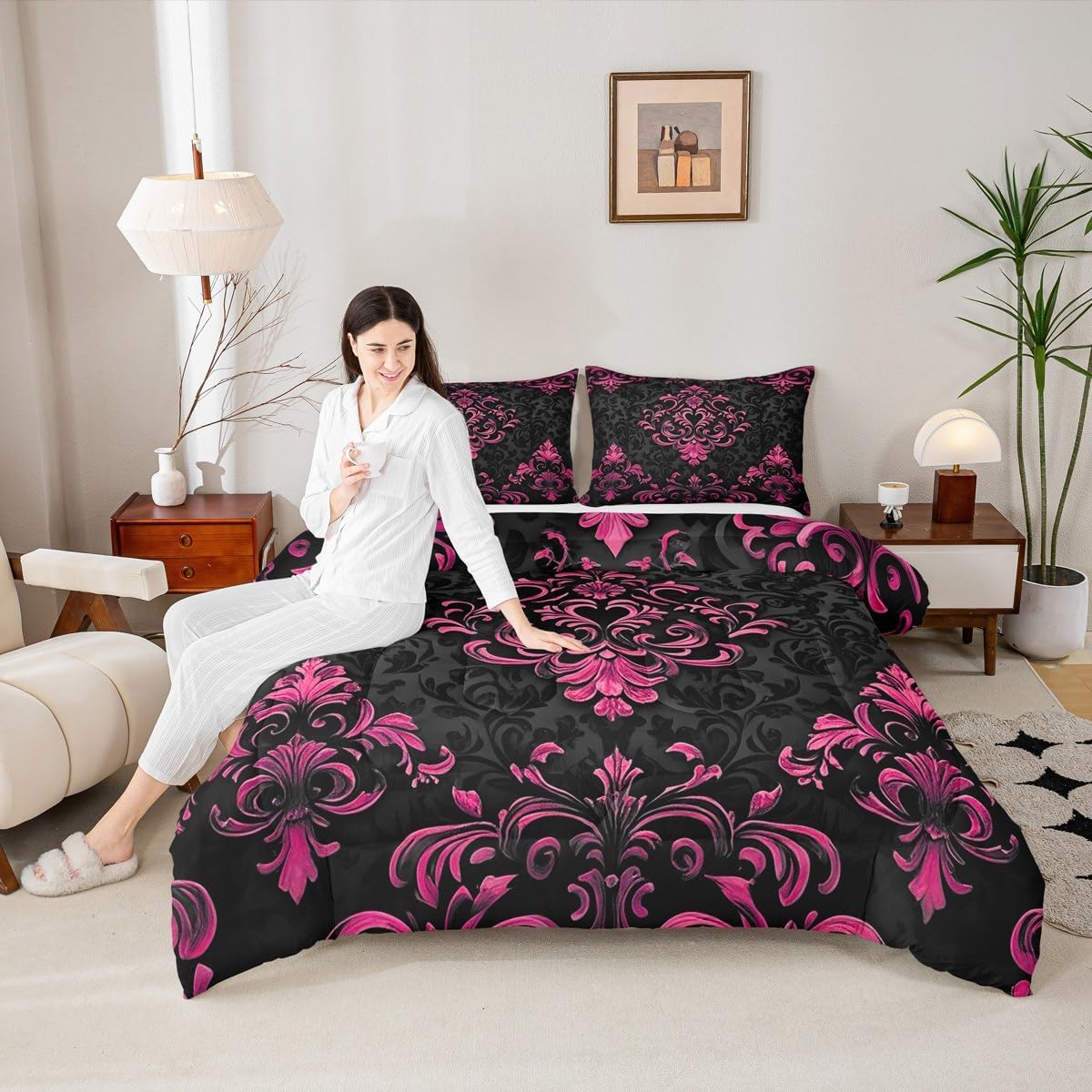 Erosebridal Black Hot Pink Gothic Comforter Set Queen Size,Vintage Boho Damask Floral Comforter,Bohemian Exotic Goth Bedding Set for Girls Teen Women Victorian Baroque Flower Bed Set 3 Pcs