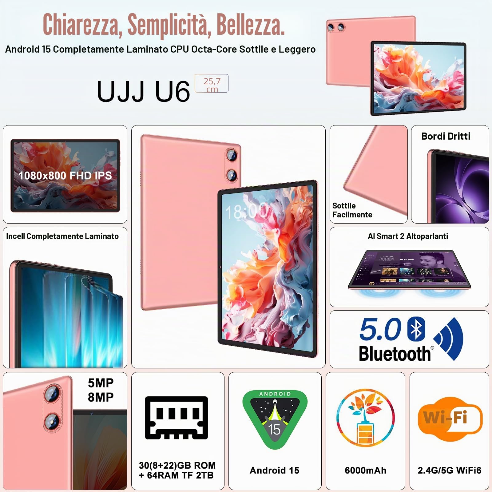 Tablet 10 Pollici Tablet Android 15, 64GB ROM + 2TB TF, Gemini AI, Octa-Core2.0GHz, 1280*800 FHD IPS, WiFi, Widevine L1, 5MP+8MP, Bluetooth 5.0, Tablet con Tastiera, Mouse, Custodia Protettiva - Rosa