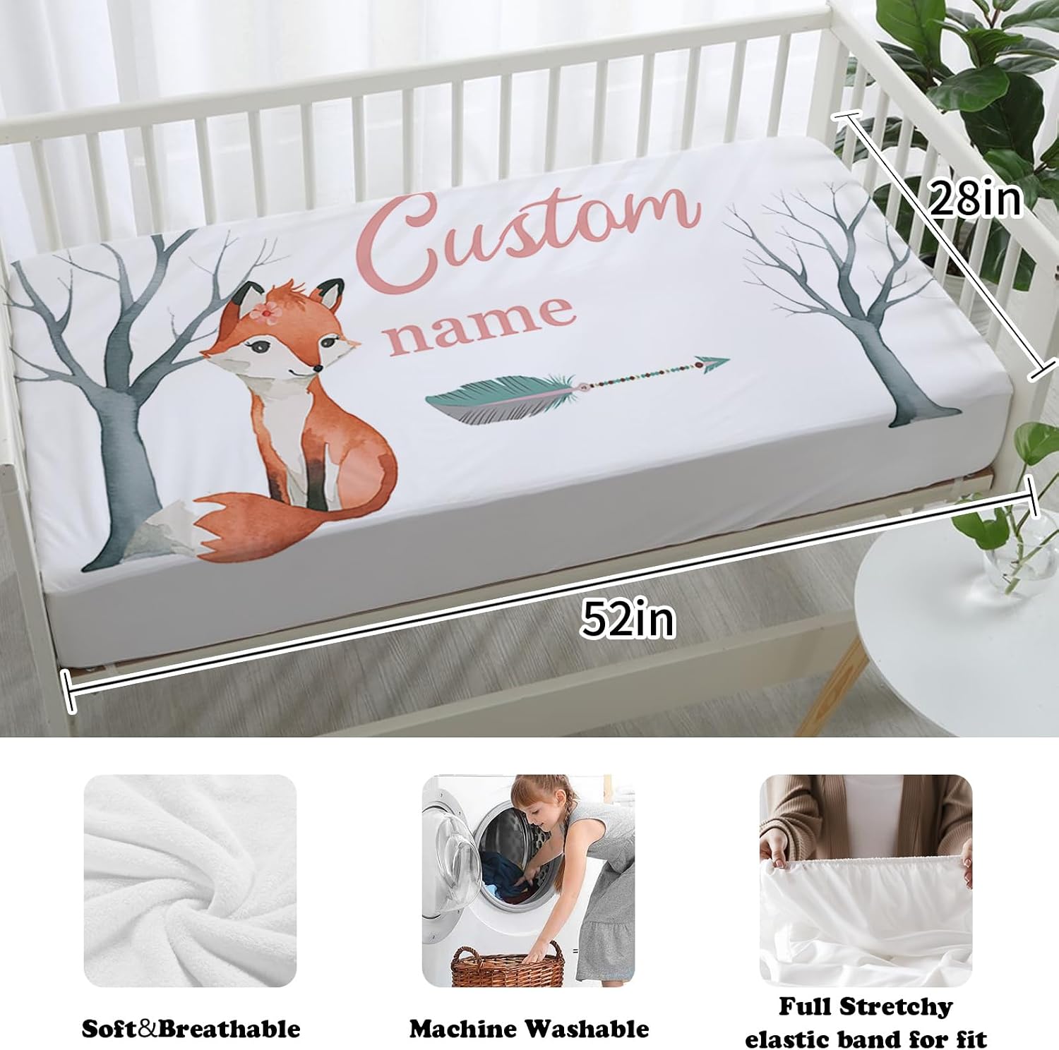 Custom Crib Bedding Sets, Gifts for Boys and Girls Personalized Fox Crib Bedding Sets with Name, 3 Pcs Crib Set with Double Layer Blanket Changing Pad Cover and Crib Sheet