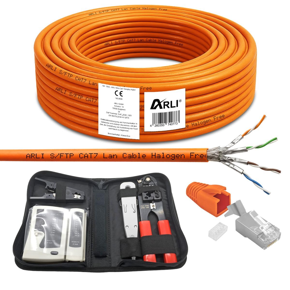 ARLI CAT 7 Verlegekabel 50m Netzwerkkabel CAT.7 + Crimpzange RJ45 Zange + Kabelmesser + 20x Netzwerkstecker Netzwerk Stecker 8 polig Plug LAN Halogenfrei Installationskabel CAT7 Kabel Netzwerk 50 m