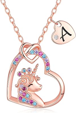 Chunyee Unicorn Gifts for Girls, Colorful CZ Heart Unicorn Necklaces Initial Necklace Birthday Christmas Gift for Girls Teens