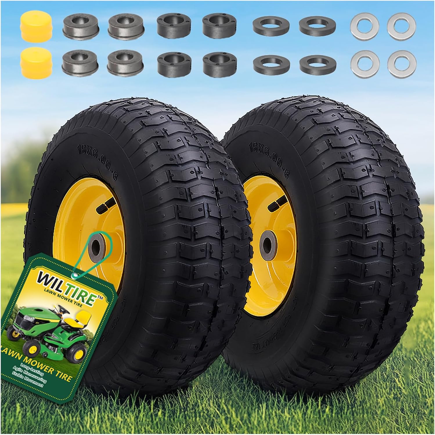 15x6.00-6 Tire and Wheel Assembly (2 Pack),Replacement Riding Lawn Mower Front Tires - With 3" Centered Hub and 3/4" Bushings (Extra 5/8" Bushings) 15x6.00-6" Pneumatic (Centered Hub,Bushings) Yellow