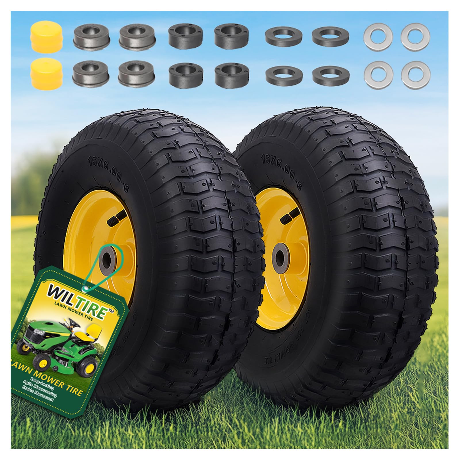 15x6.00-6 Tire and Wheel Assembly (2 Pack),Replacement Riding Lawn Mower Front Tires - With 3" Centered Hub and 3/4" Bushings (Extra 5/8" Bushings)