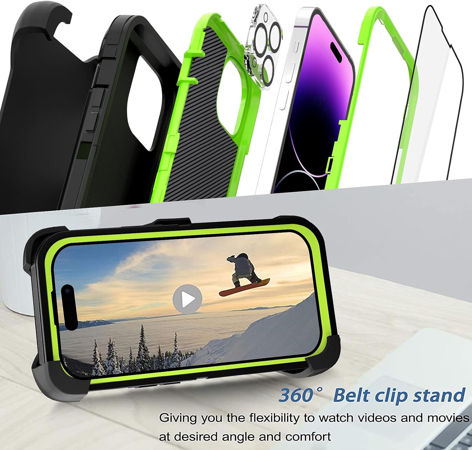 for iPhone 14 Pro Max Case 6.7" Belt-Clip Kickstand Holster with 2 Screen Protector + 2 Camera Lens Protector,Full Body Heavy Duty Military Grade Drop Protection Cover (Black Green+Clip)