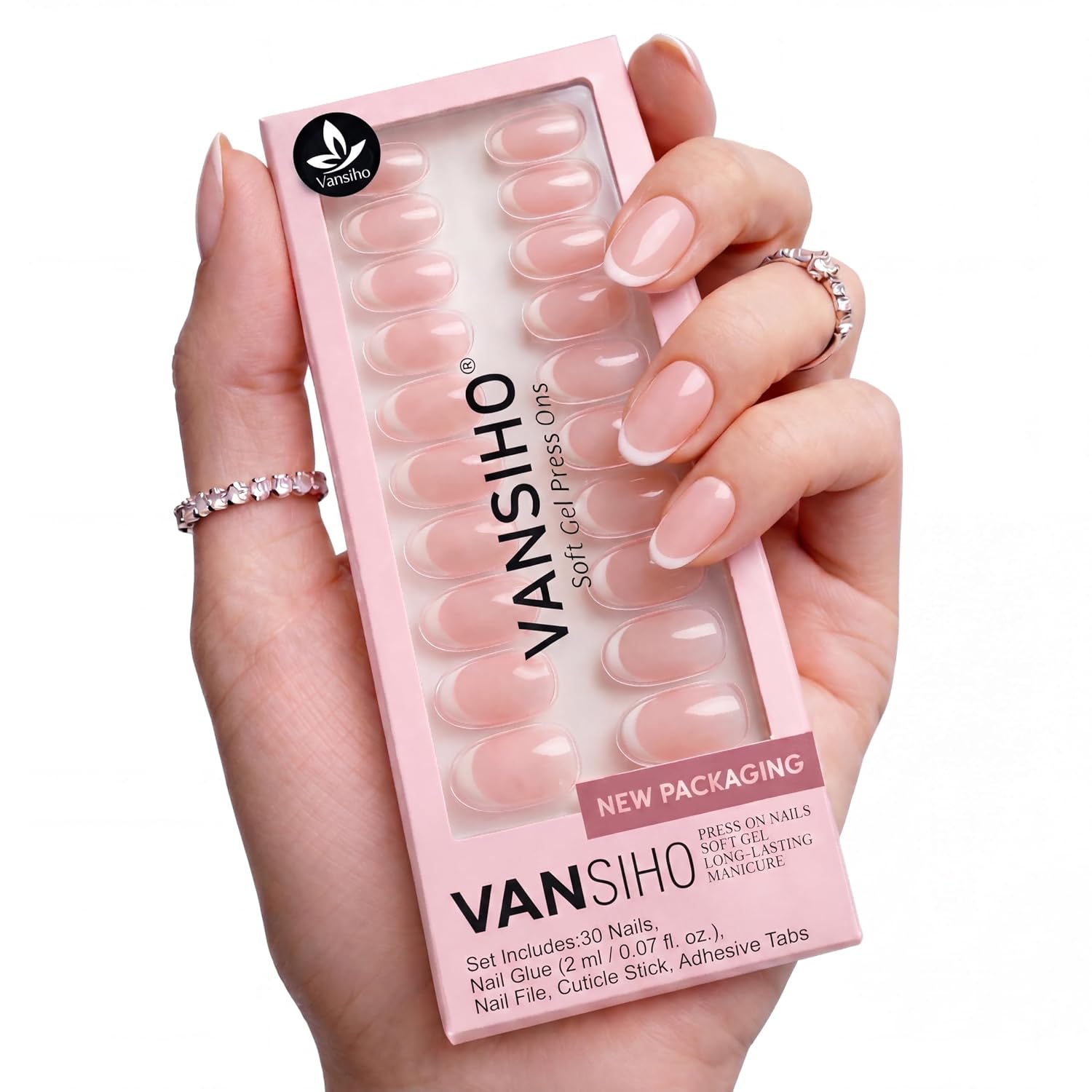 Vansiho French Tip Press on Nails Almond - Short Oval Fake Nails Press ons with Nail Glue, Soft Gel Glue on Nails in 15 Sizes - 30 Reusable Fake Nails Kit
