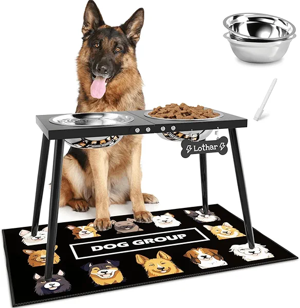 Metal Raised Dog Bowl Stand for Extra Large & Large, Dogs Food & Water Bowls 15" Tall,with Sprill Proof Mat, Raised Stand (70OZ-Stainless Steel Dog Bowls, Mat-20x31)