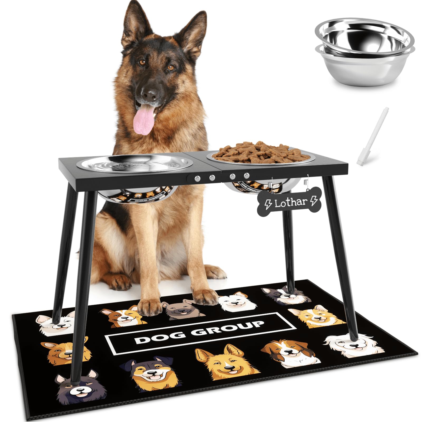 Metal Raised Dog Bowl Stand for Extra Large &amp; Large, Dogs Food &amp; Water Bowls 15" Tall,with Sprill Proof Mat, Raised Stand (70OZ-Stainless Steel Dog Bowls, Mat-20x31)