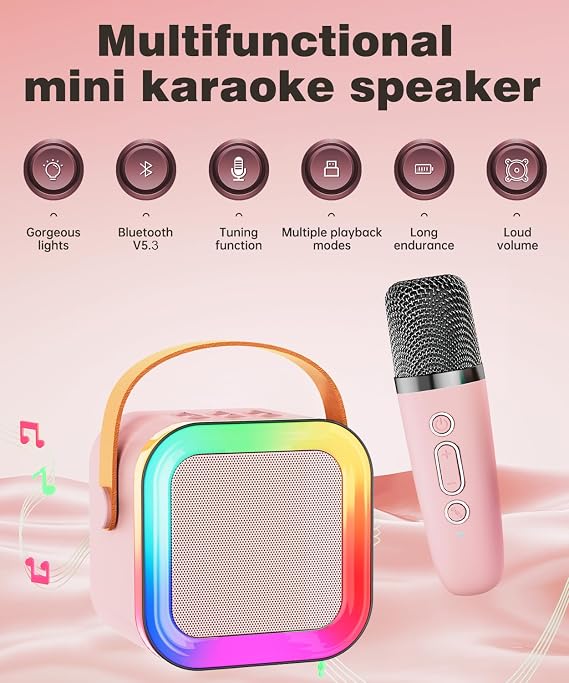 Çocuklar Yetişkinler için Mini Karaoke Makinesi Hoparlörü, 1-2 Kablosuz Mikrofonlu Taşınabilir Bluetooth, Noel Doğum Günü Hediyeleri Oyuncaklar Kız Erkek 4, 5, 6,7, 8,9,10,11,12+ Yaş Küçük Çocuk