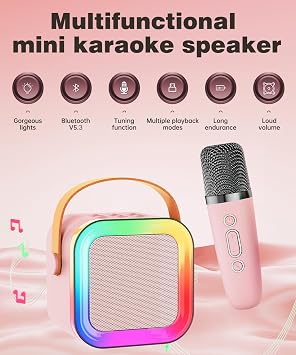 Çocuklar Yetişkinler için Mini Karaoke Makinesi Hoparlörü, 1-2 Kablosuz Mikrofonlu Taşınabilir Bluetooth, Noel Doğum Günü Hediyeleri Oyuncaklar Kız Erkek 4, 5, 6,7, 8,9,10,11,12+ Yaş Küçük Çocuk