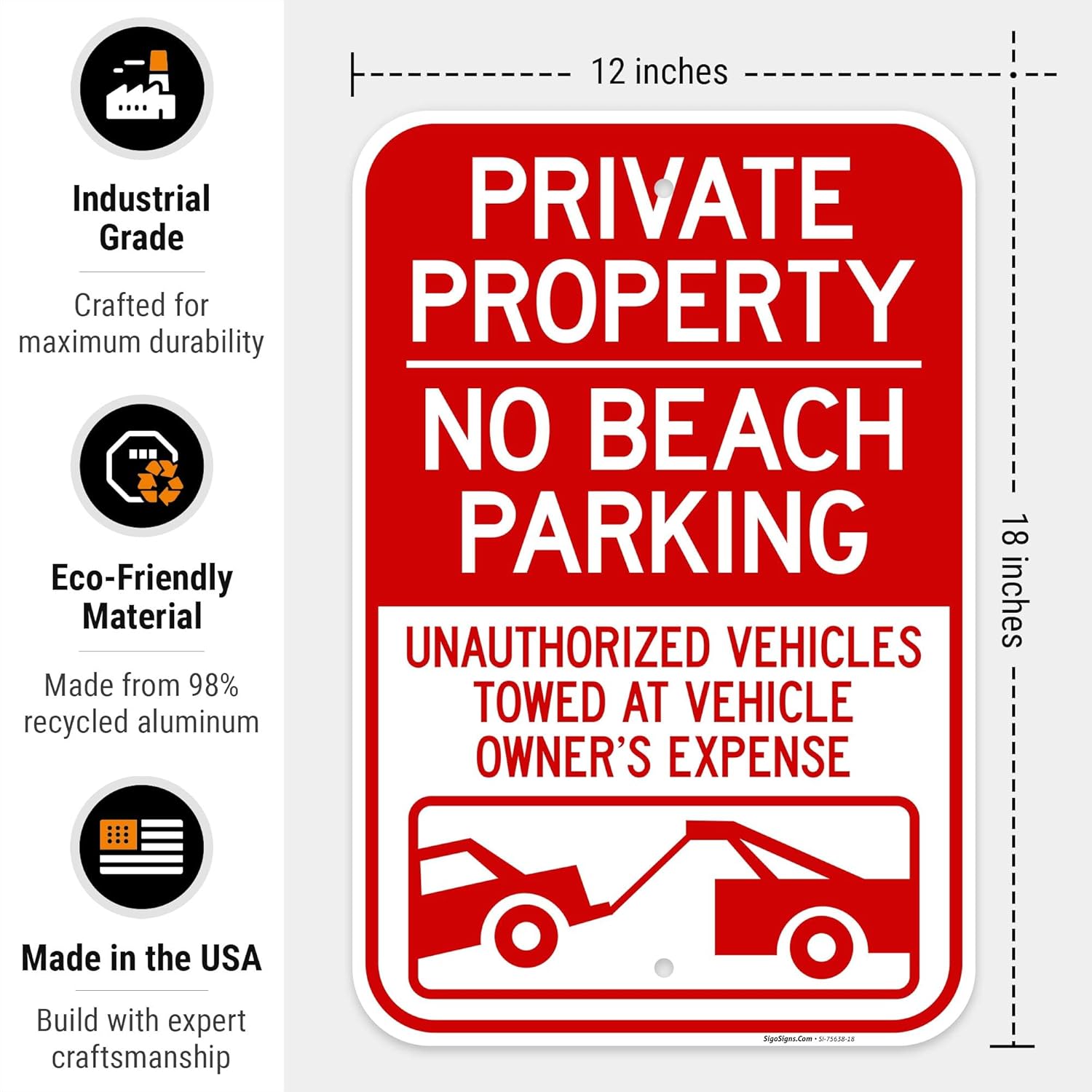 Private Property No Beach Parking Sign, 12x18 Inches, Rust Free .063 Aluminum, Fade Resistant, Made in USA