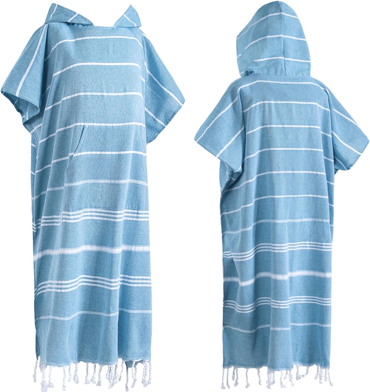 1pcs Turkish Towel Poncho Turkish Cotton Surf Poncho Changing Towels Swim Robe with Pocket Swim Cover Up Wearable Towel Hooded Beach Towel for Adult Man Women Beach Pool (Blue, L)
