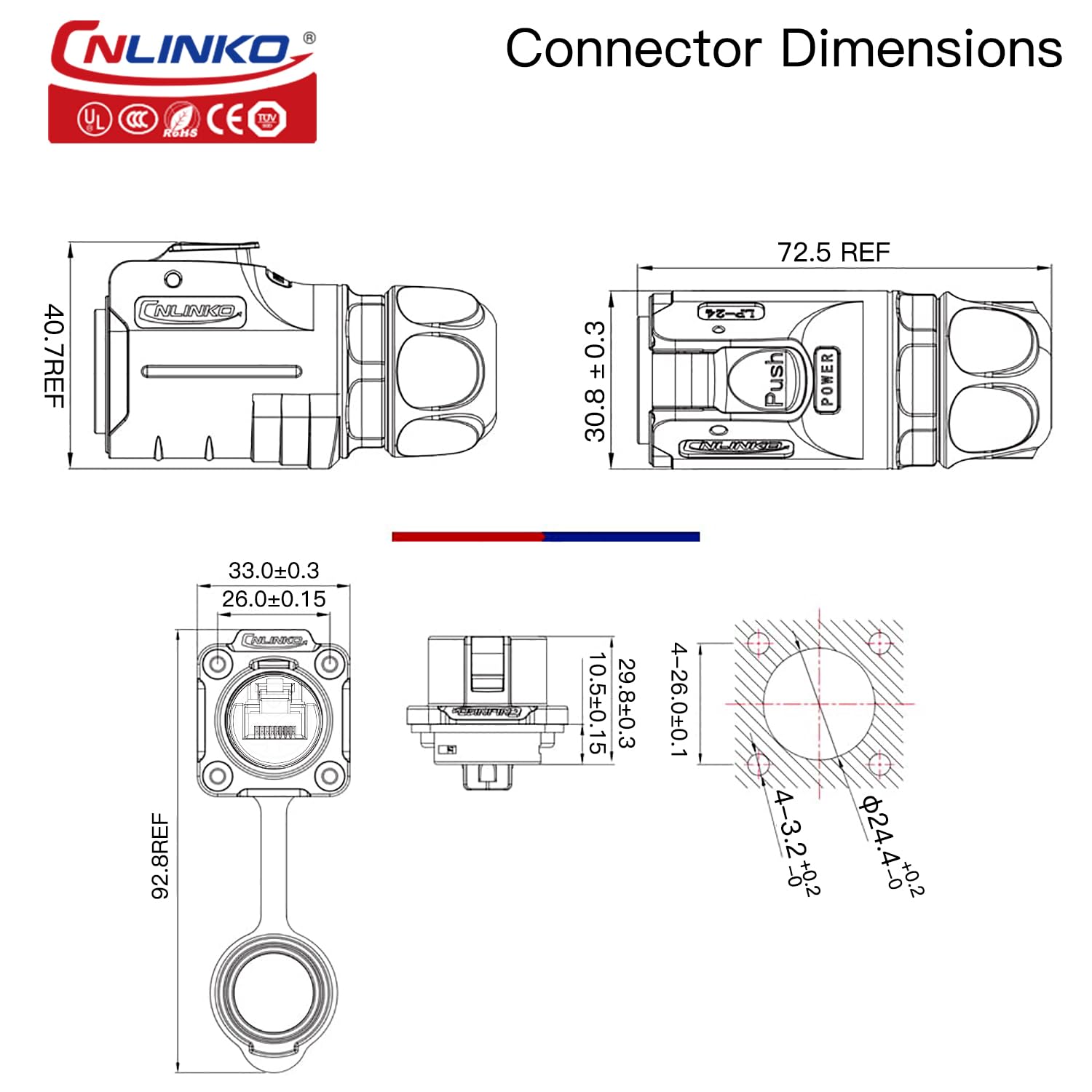 CNLINKO LP-24 Conectores RJ45, 8P8C Conector de Doble Puerto,Conector Circular para Conexiones de Red, Receptáculos de Montaje en Panel Zócalo IP68 Impermeable Conector M24 (Juego RJ45)