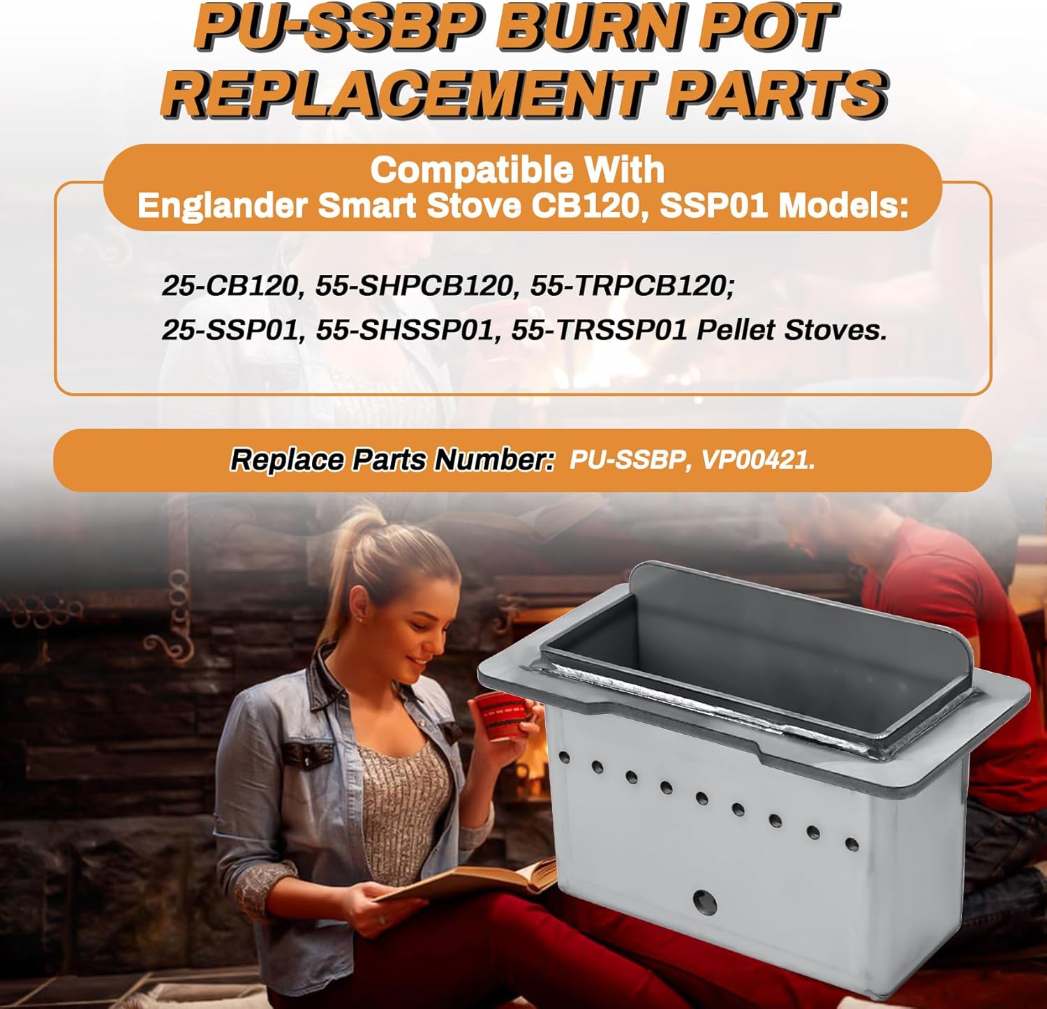 JICUSE Stainless Steel PU-SSBP Burn Pot Replacement Parts for Englander 25-CB120, 55-SHPCB120, 55-TRPCB120, 25-SSP01, 55-SHSSP01 Pellet Stoves, Firepot Burnpot for Englander CB120, SSP01 Smart Stove