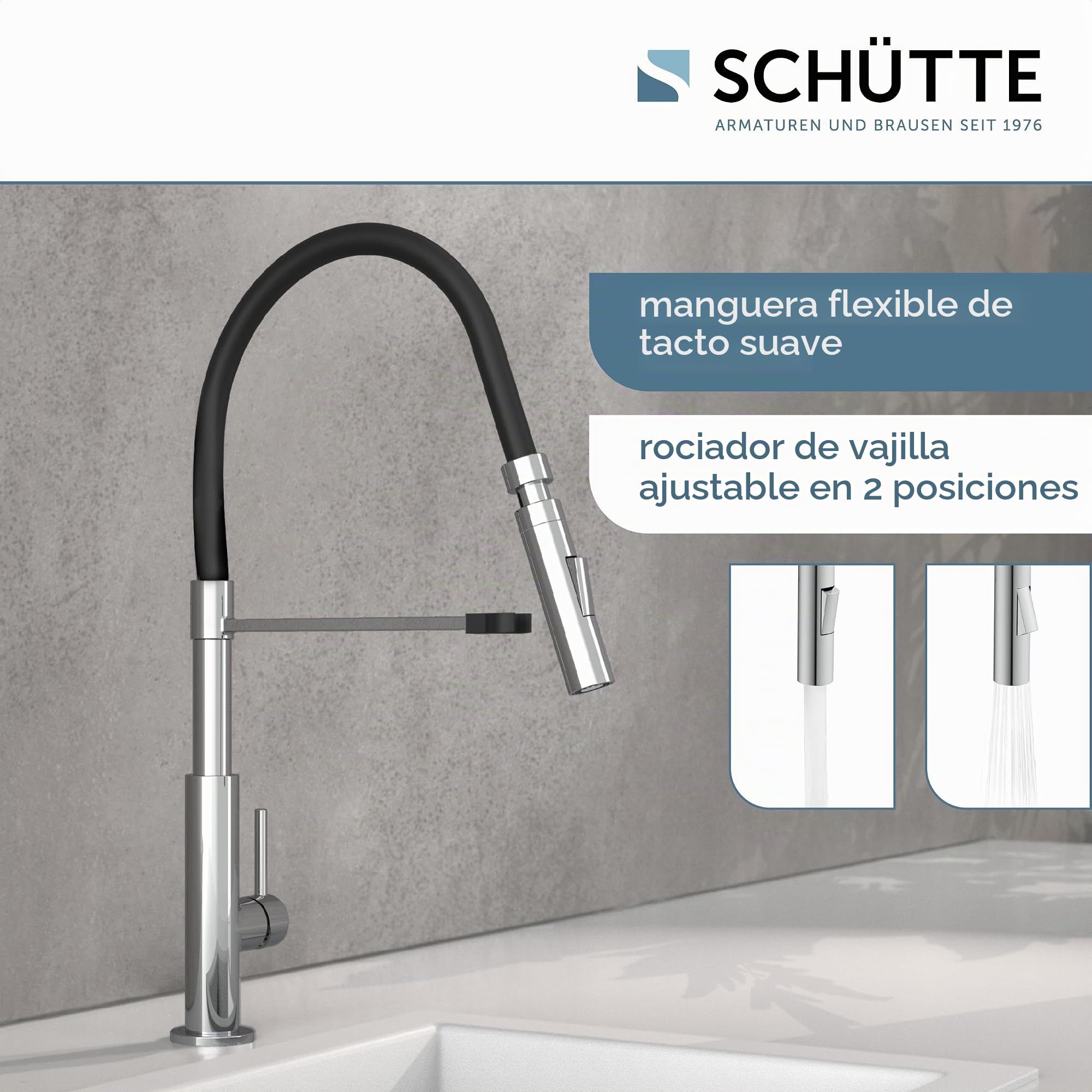 SCHÜTTE Stilo 79180 - Grifo de cocina con ducha extraíble, grifo giratorio de 360 grados para cocina, grifo mezclador monomando en cromo/negro