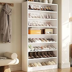 Tribesigns 9 Tiers Tall Shoe Cabinet, 40-45 Pairs Heavy Duty Wood Freestanding Shoe Storage Cabinet, 70.8'' Tall Cabinet with Open Storage for Entryway (White/Brown)
