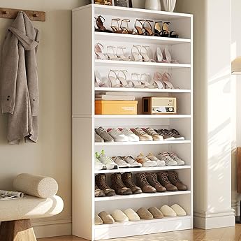 Tribesigns 9 Tiers Tall Shoe Cabinet, 40-45 Pairs Heavy Duty Wood Freestanding Shoe Storage Cabinet, 70.8'' Tall Cabinet with Open Storage for Entryway (White/Brown)