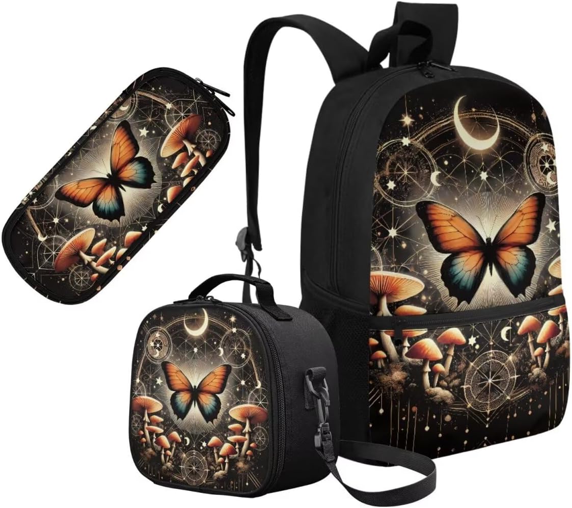 Butterfly Moon Cute Backpack for Kids Elementary Schoolbag Set with Lunch Bag & Pen Pouch Large Capacity Backpack with Soft Pad Suitable for Kids Aged 8-16 Birthday Gifts for Children