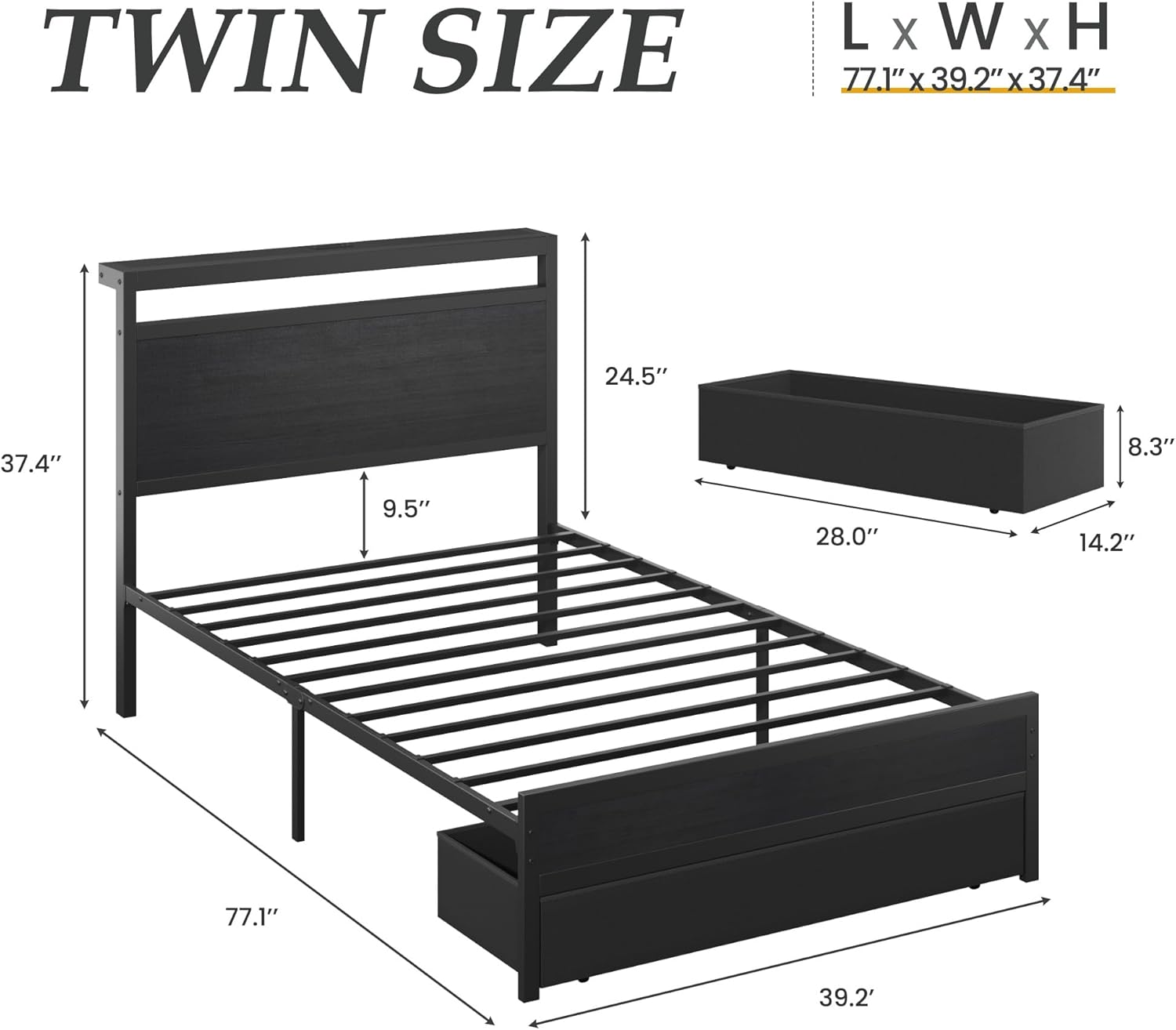 HISOFT Twin Bed Frame with Storage, Wood Headboard with Fast Charging Station, LED Lights, Platform Bed Frame Twin Size, Fabric Drawers with Wheels, No Box Spring Needed, Noise Free, Classic Black