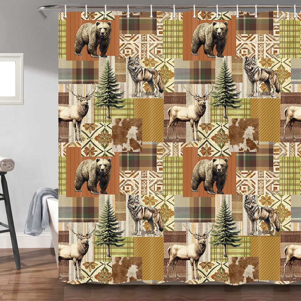 Cabin Bear Shower Curtain, Rustic Farmhouse Country Antique Moose Forest Vintage Wood Decor Bath Curtain, Hunting Camping Waterproof Fabric Bathroom Accessories Set with Hooks
