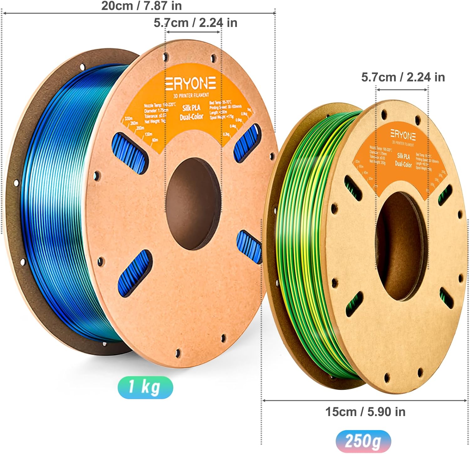 ERYONE Silk Dual Color PLA Filament 3D Printer 1.75mm +/- 0.03mm, Bicolor Filament Two Tone PLA 250g(0.55lbs) Cardboard Spool, Yellow Green - Image 6