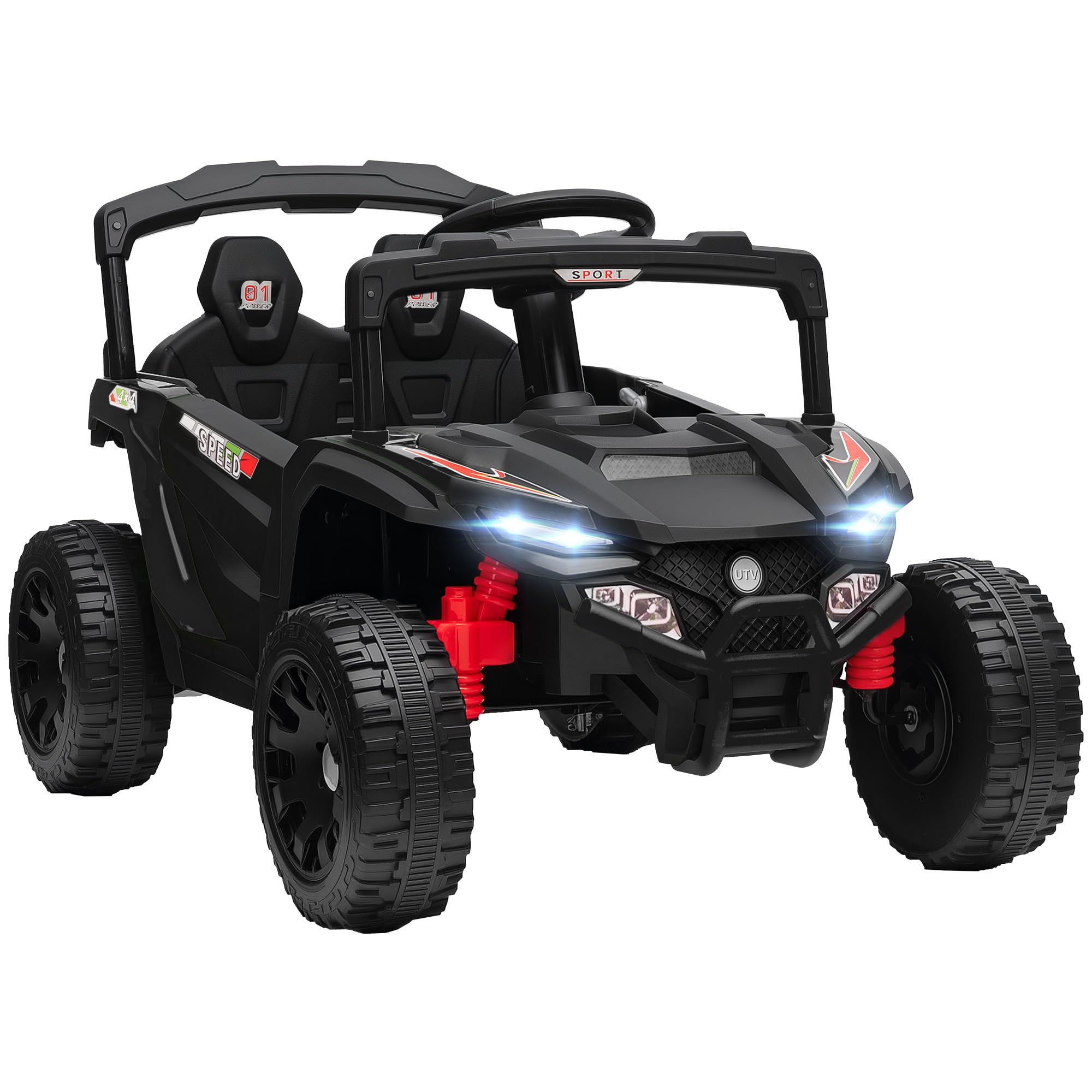 AIYAPLAY Coche Eléctrico para Niños 12V, UTV con 2 Motores, Control Remoto 2.4G, 3-5 km/h, Suspensión Trasera, Faros, Música, para Niños de 3-5 Años, Negro