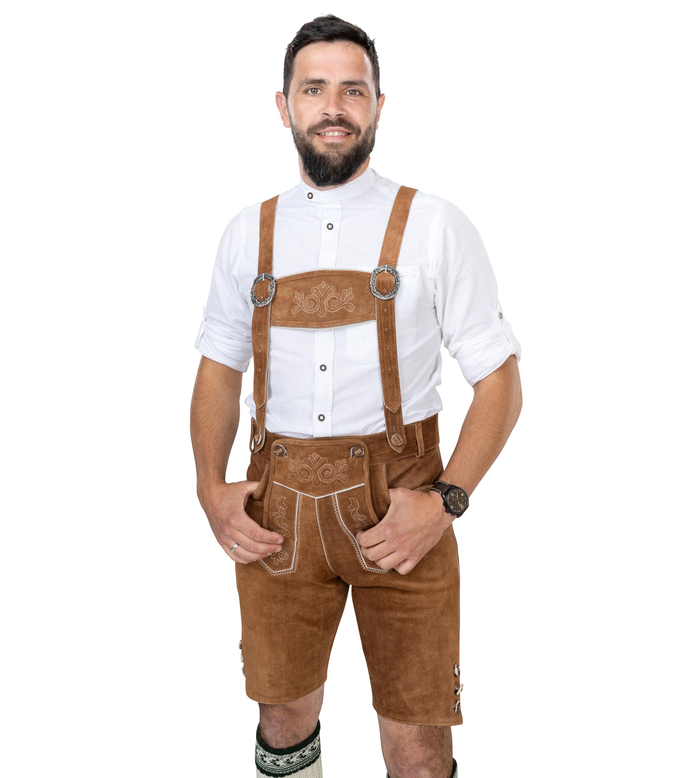 Schöneberger Trachten Couture Herren Lederhose mit Hosenträger – Original Trachtenhose braun, Trachtenlederhose kurz für Oktoberfest Hans