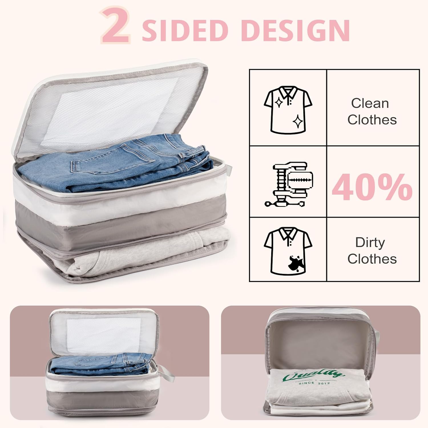 Expandable Double-Sided Compression Packing Cube,3 Set Lightweight Double Deck Organizer Bag Carry on Luggage Backpack Suitcases,Women Travel Accessories for Separate Clean and Dirty Clothes - Image 3