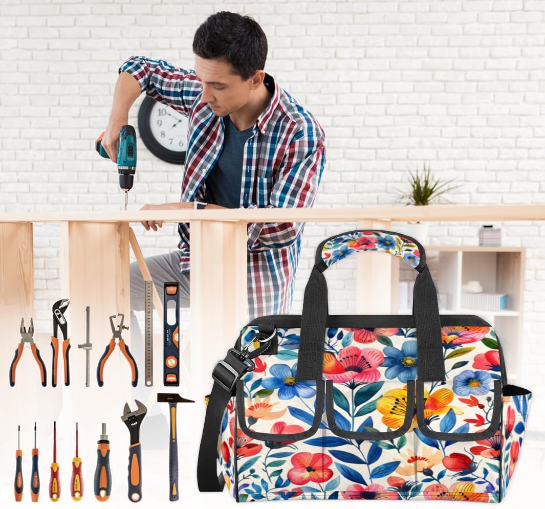 14.8-inch Flower Color tool bag - waterproof, multifunctional, 16+pocket design, adjustable shoulder strap, suitable for woodworking, construction, gardening, travel, etc