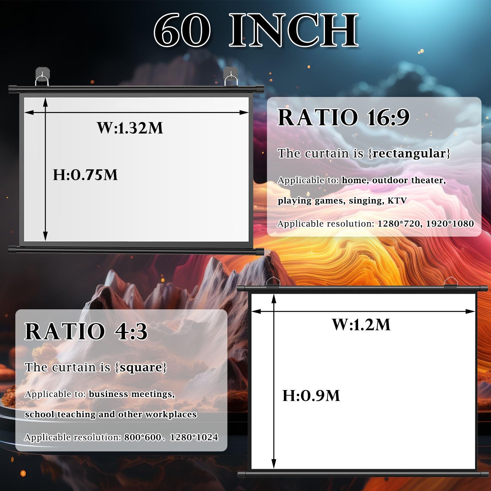 30" 40" 50" 60" Schermo for Proiettore Portatile, Telo for Videoproiezioni | 4K HD AntiRughe Telo Proiettore Avvolgibile Manuale, for Casa Ufficio Eventi All`Aperto Teatro(60in 4:3)