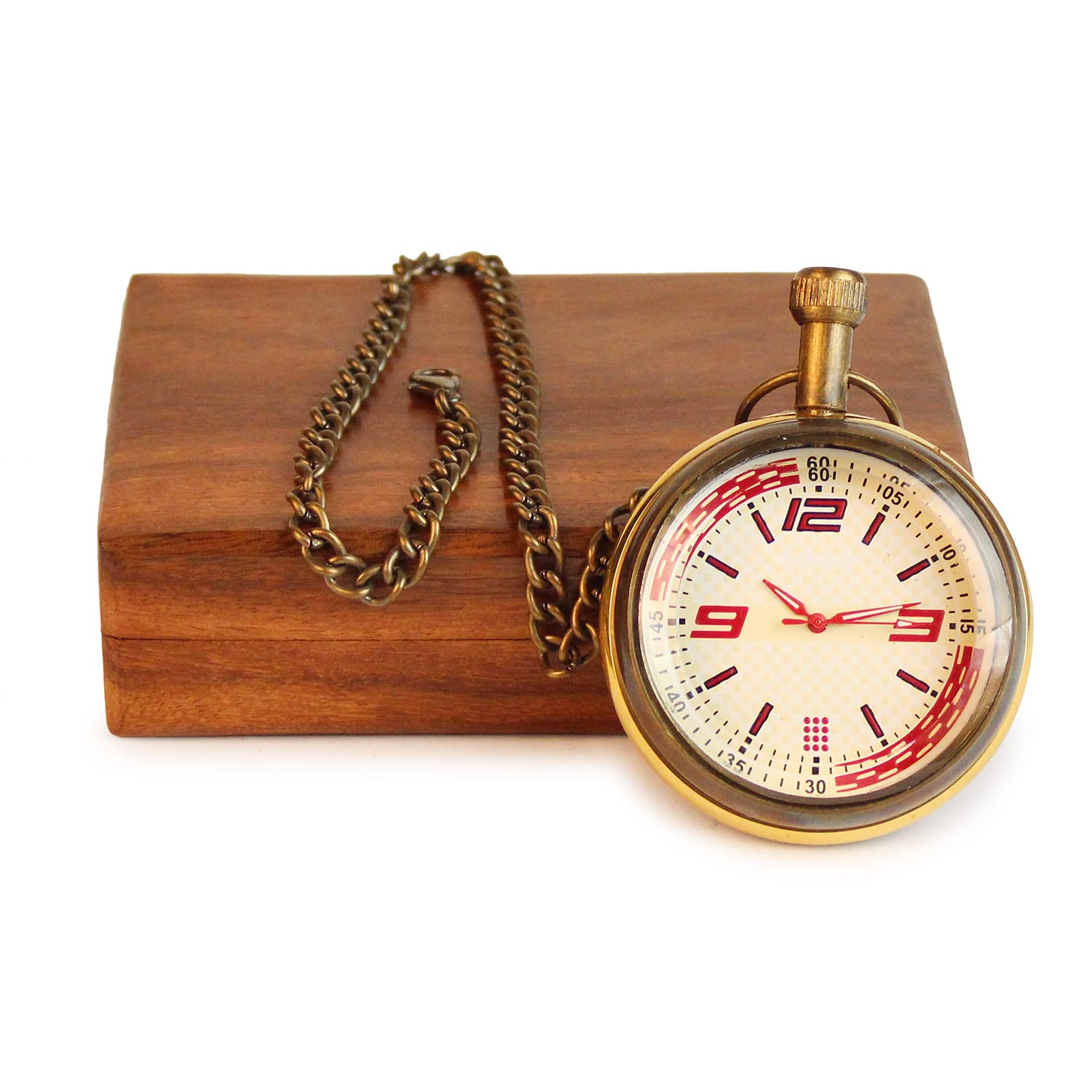 Kartique Antique Pocket Watch with Chain Golden Finish Modern Contemporary Look with 9 12 3 in Bold Red Design