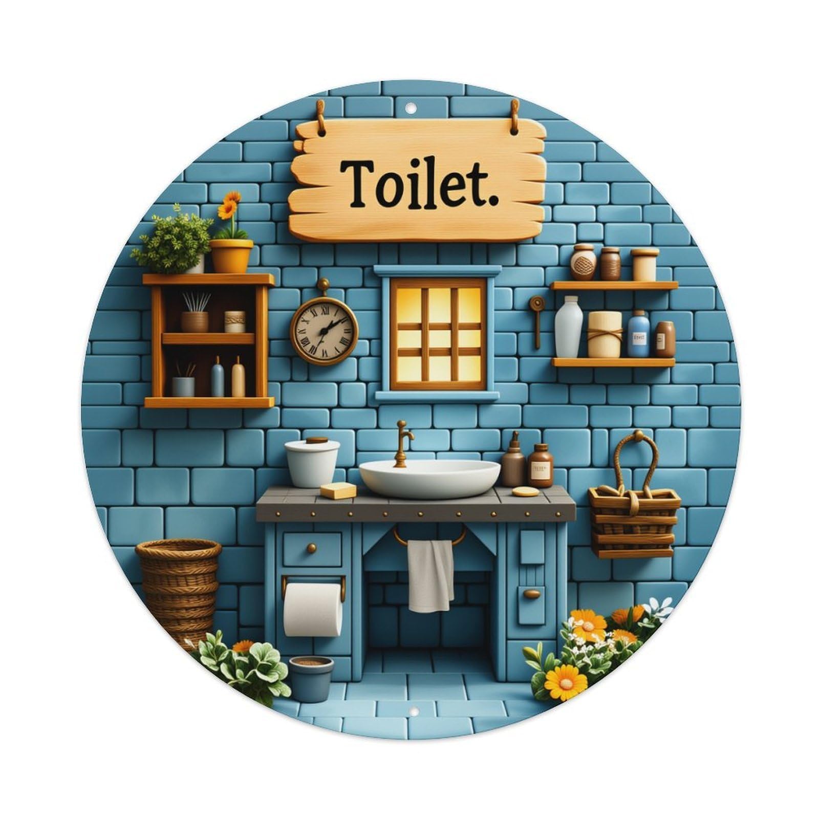 Blue Brick Wall With Wooden Sign And Floral Decor Round Vintage Tin Sign,Retro Wall Art,Metal Poster for Home, Bar, Garage, Cafe, Rustic Indoor & Outdoor Decor, 8x8 Inches