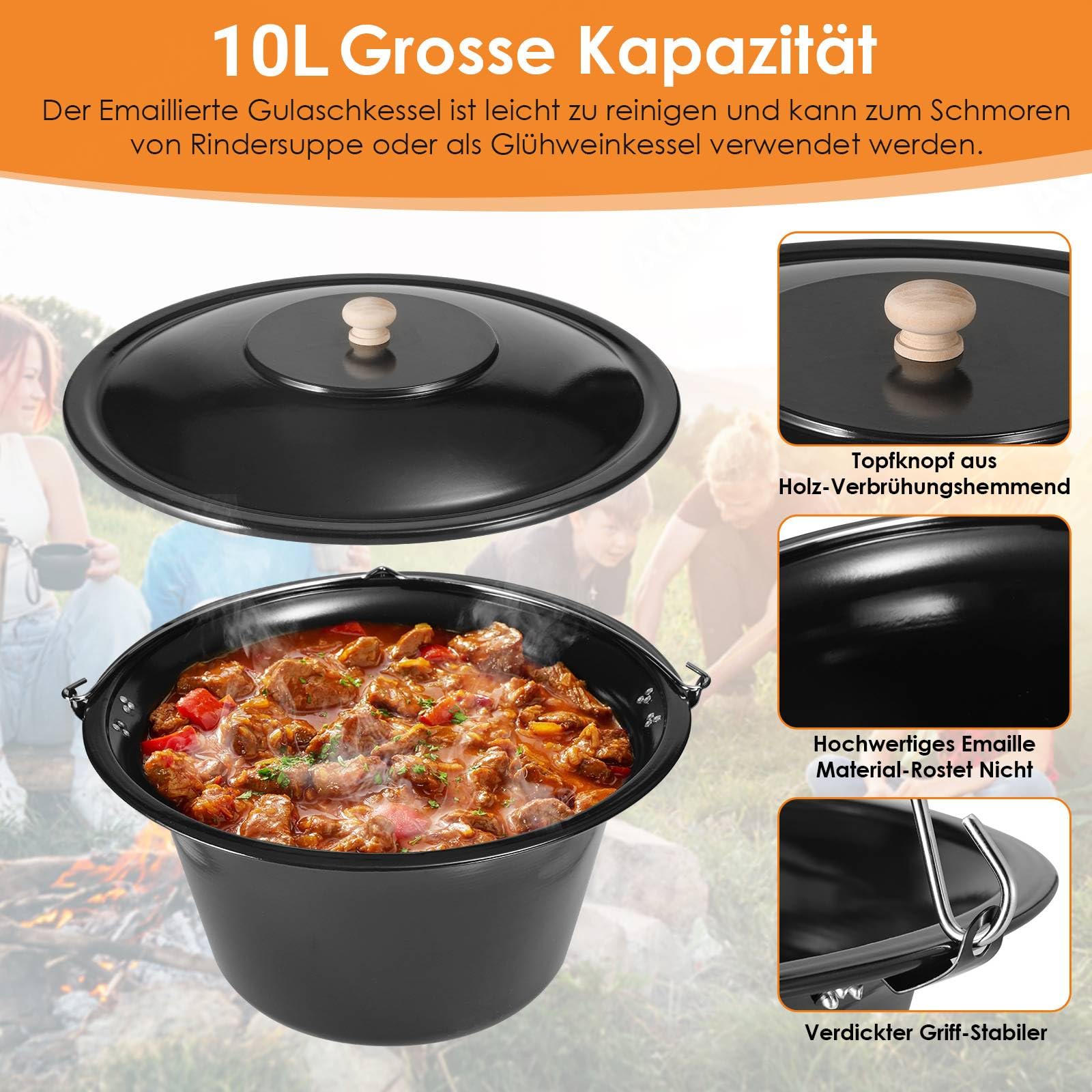 TLSUNNY 10L Gulaschkessel mit Dreibein, Original Ungarischer Gulaschtopf Emaille, Kettenhöhenverstellung, Teleskop-Dreifuß für Picknick