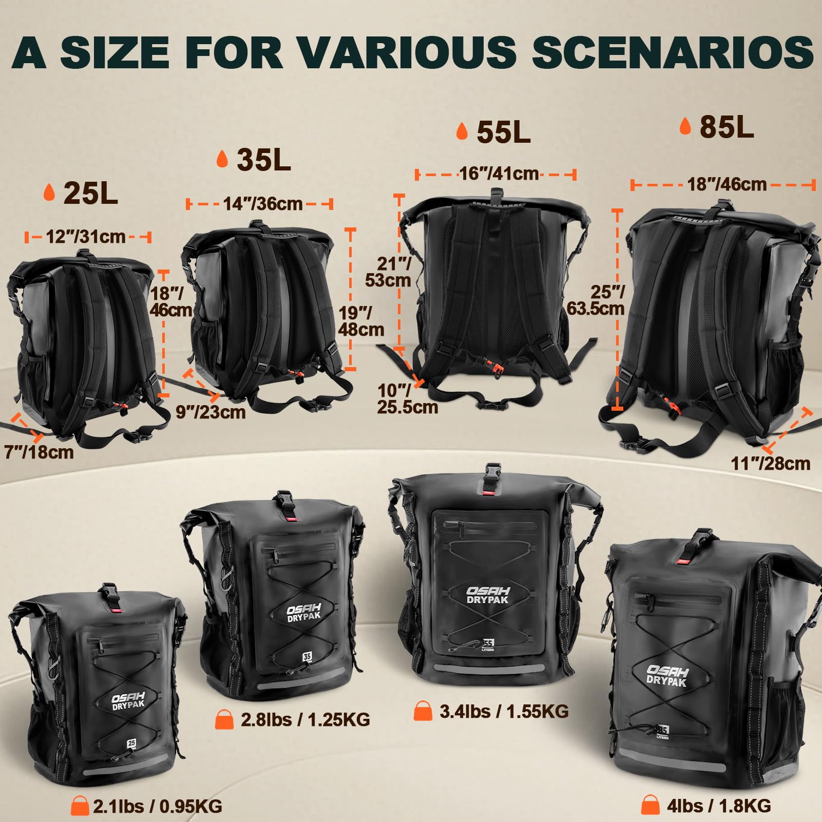 OSAH DRYPAK Mochila Impermeable Dry Bag 25L/35L/55L/85L – Mochila Roll-Top Resistente para Senderismo, Viajes, Kayak, Barco, Camping, Rafting y Pesca