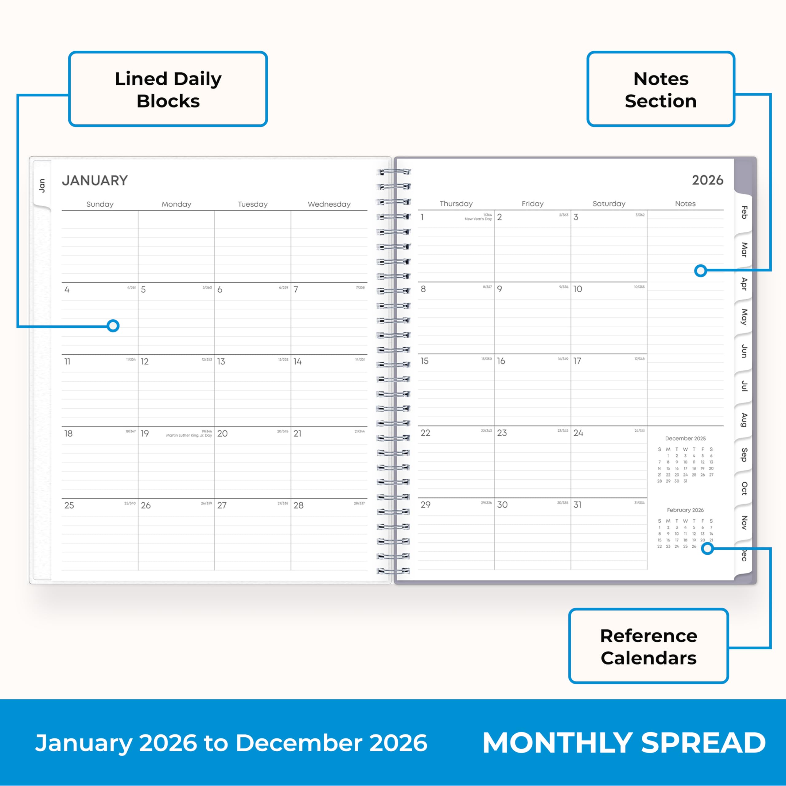 Blue Sky Monatsplaner Kalender, Januar bis Dezember, flexibler mattierter Einband, laminierte Reiter, langlebige Doppeldrahtbindung (Rue Du Flore- 2026, 20,3 x 25,4 cm)