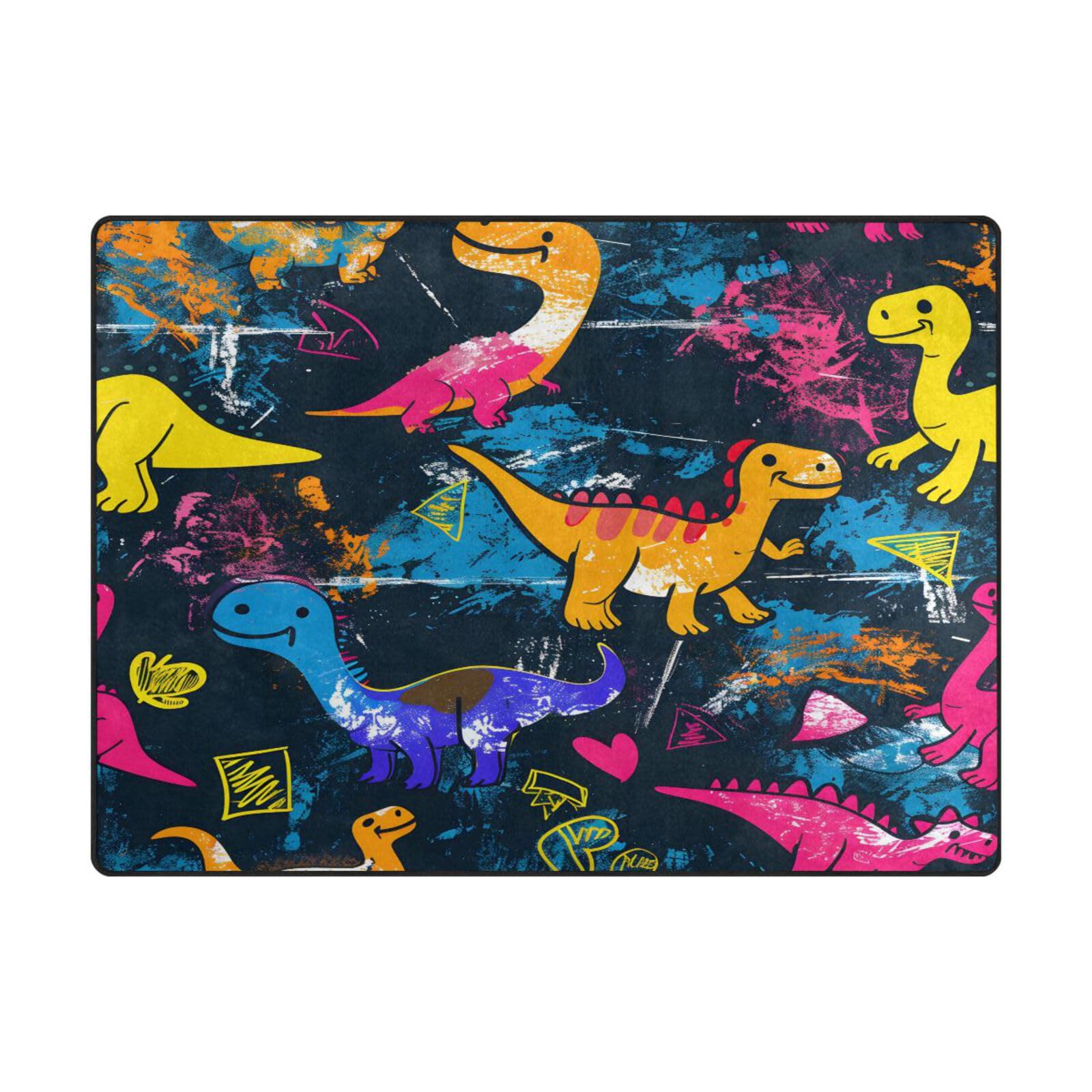 Tapis contemporain salon dinosaures colorés, grand tapis de sol doux 203x147 cm
