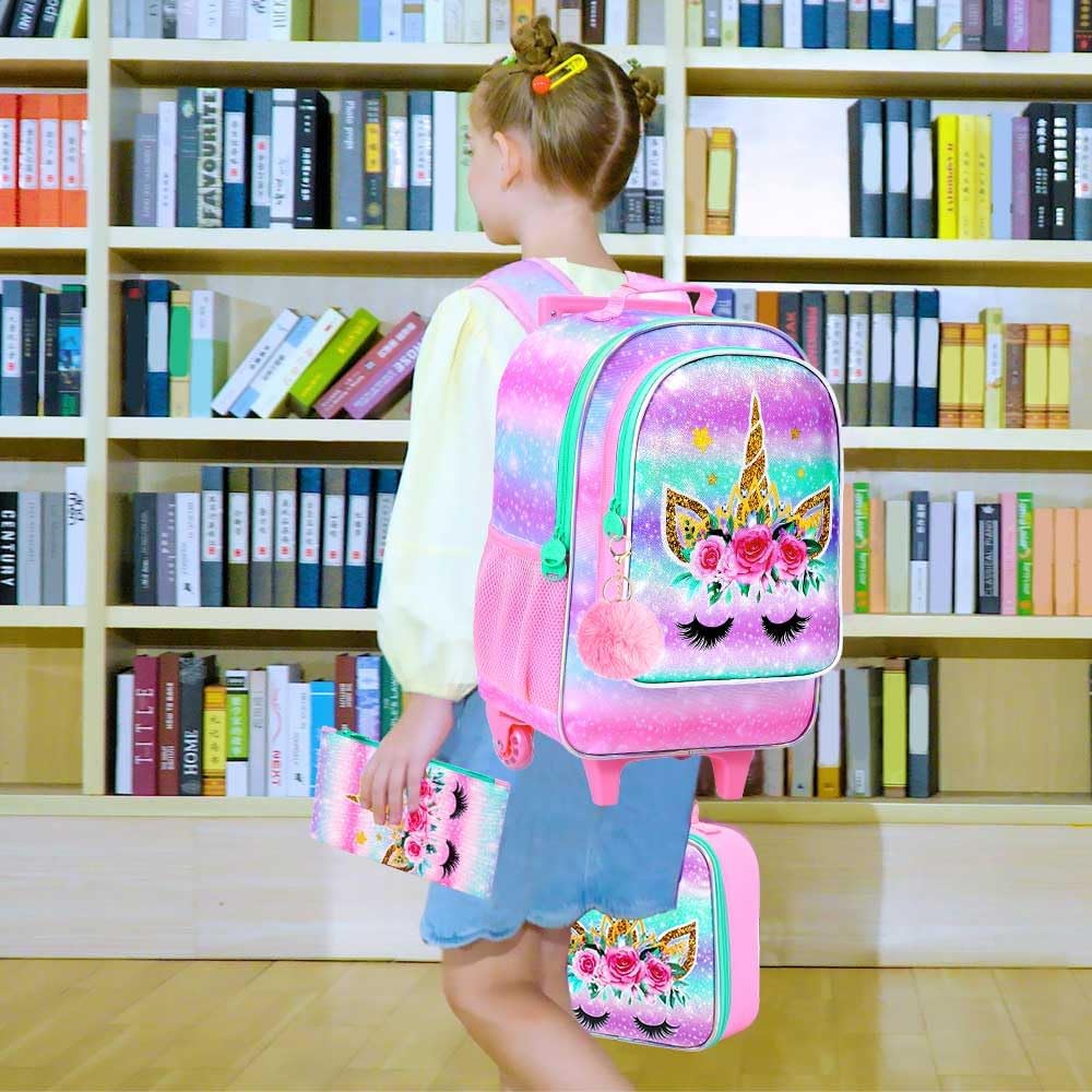 WZLVO 4PCS Girls Unicorn Rolling Backpack - Cute Wheeled School Set with Lunch Box,Water Resistant Roller School Backpack on Wheels for Elementary Kids Travel - Image 6